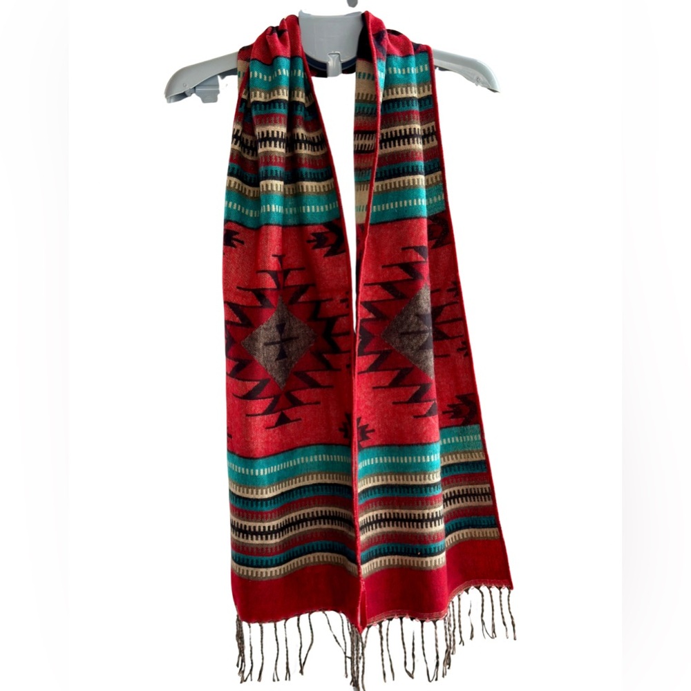 El Paso Saddleblanket Scarf Red Southwest Aztec Fringe 72” - Picture 2 of 8